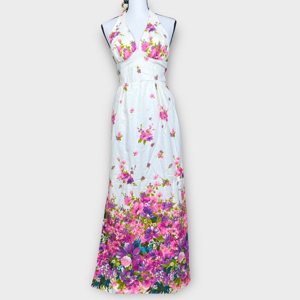 Vintage Hawaiian Bark Cloth Floral Halter Maxi Dress Womens 10 Pink Purple White